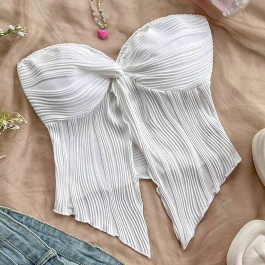 White Crinkled Bandeau Top with Hem Detail