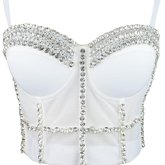 Women's White Diamond Chain Mesh Bustier Crop Top Push Up Corset Top Bralet with Detachable Strap